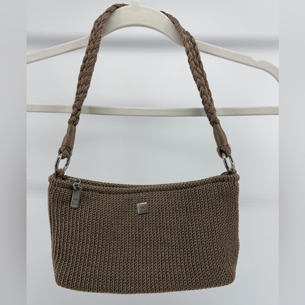 Lina Y2K Taupe Crochet Mini Shoulder Bag, Braided Strap, Pink Floral Lining